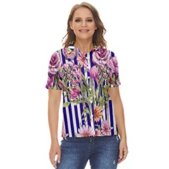 Classy And Chic Watercolor Flowers Women s Short Sleeve Double Pocket Shirt
