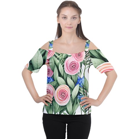 County Charm – Watercolor Flowers Botanical Cutout Shoulder Tee by GardenOfOphir