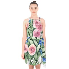 County Charm – Watercolor Flowers Botanical Halter Collar Waist Tie Chiffon Dress