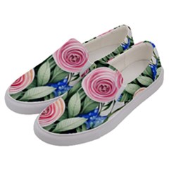 County Charm – Watercolor Flowers Botanical Men s Canvas Slip Ons by GardenOfOphir