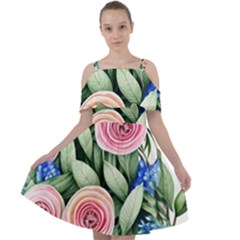 County Charm – Watercolor Flowers Botanical Cut Out Shoulders Chiffon Dress