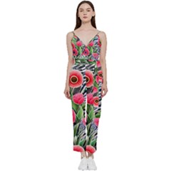 Cherished Blooms – Watercolor Flowers Botanical V-neck Spaghetti Strap Tie Front Jumpsuit by GardenOfOphir