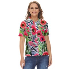 Cherished Blooms – Watercolor Flowers Botanical Women s Short Sleeve Double Pocket Shirt
