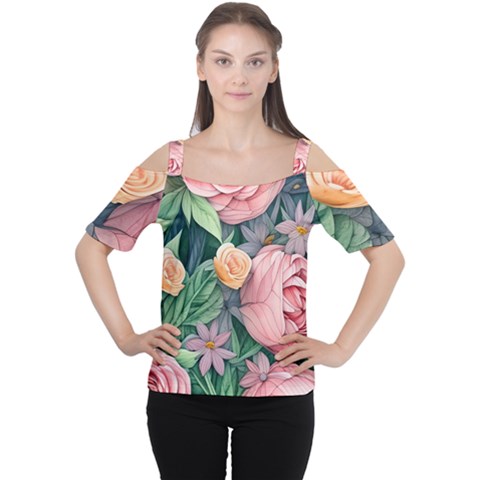 Darling And Dazzling Watercolor Flowers Cutout Shoulder Tee by GardenOfOphir