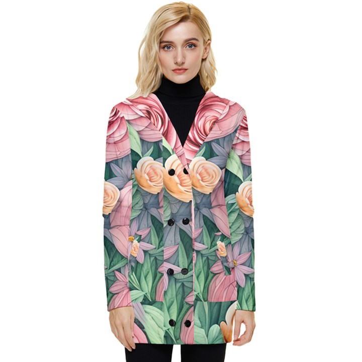 Darling and Dazzling Watercolor Flowers Button Up Hooded Coat 