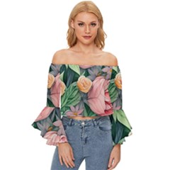 Darling And Dazzling Watercolor Flowers Off Shoulder Flutter Bell Sleeve Top by GardenOfOphir