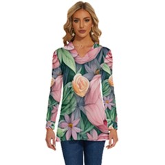 Darling And Dazzling Watercolor Flowers Long Sleeve Drawstring Hooded Top