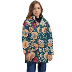 Charming Foliage – Watercolor Flowers Botanical Kid s Hooded Longline Puffer Jacket by GardenOfOphir