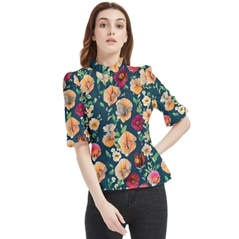 Charming Foliage – Watercolor Flowers Botanical Frill Neck Blouse by GardenOfOphir