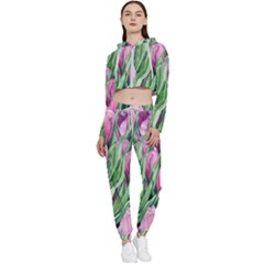 Cheerful Watercolor Flowers Cropped Zip Up Lounge Set by GardenOfOphir