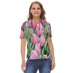 Cheerful Watercolor Flowers Women s Short Sleeve Double Pocket Shirt