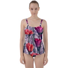 Color-infused Watercolor Flowers Twist Front Tankini Set by GardenOfOphir