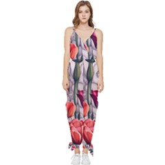 Color-infused Watercolor Flowers Sleeveless Tie Ankle Chiffon Jumpsuit by GardenOfOphir