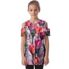 Color-infused Watercolor Flowers Fold Over Open Sleeve Top by GardenOfOphir