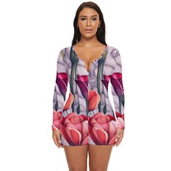 Color-infused Watercolor Flowers Long Sleeve Boyleg Swimsuit