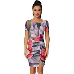 Color-infused Watercolor Flowers Fitted Knot Split End Bodycon Dress by GardenOfOphir