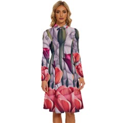 Color-infused Watercolor Flowers Long Sleeve Shirt Collar A-line Dress by GardenOfOphir