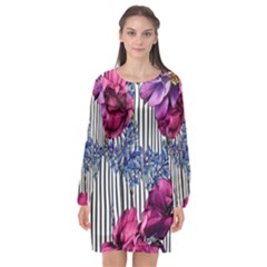 Dazzling Watercolor Flowers Long Sleeve Chiffon Shift Dress  by GardenOfOphir