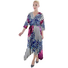 Dazzling Watercolor Flowers Quarter Sleeve Wrap Front Maxi Dress by GardenOfOphir