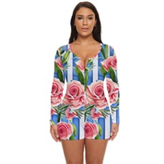 Chic Watercolor Flowers Long Sleeve Boyleg Swimsuit