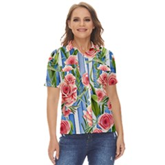 Chic Watercolor Flowers Women s Short Sleeve Double Pocket Shirt