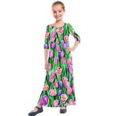 Combined Watercolor Flowers Kids  Quarter Sleeve Maxi Dress