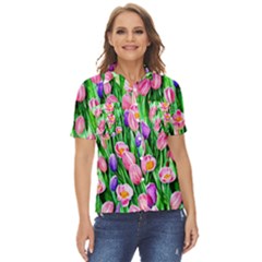 Combined Watercolor Flowers Women s Short Sleeve Double Pocket Shirt