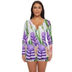 Classy Watercolor Flowers Long Sleeve Boyleg Swimsuit