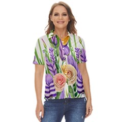 Classy Watercolor Flowers Women s Short Sleeve Double Pocket Shirt
