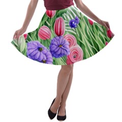 Exquisite Watercolor Flowers A-line Skater Skirt by GardenOfOphir