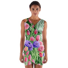 Exquisite Watercolor Flowers Wrap Front Bodycon Dress by GardenOfOphir