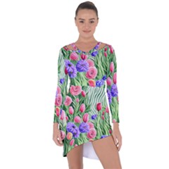 Exquisite Watercolor Flowers Asymmetric Cut-out Shift Dress by GardenOfOphir