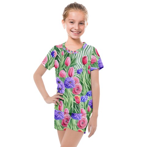 Exquisite Watercolor Flowers Kids  Mesh Tee And Shorts Set by GardenOfOphir