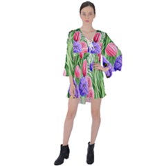 Exquisite Watercolor Flowers V-neck Flare Sleeve Mini Dress by GardenOfOphir