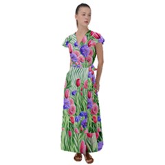 Exquisite Watercolor Flowers Flutter Sleeve Maxi Dress by GardenOfOphir