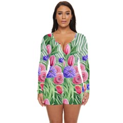 Exquisite Watercolor Flowers Long Sleeve Boyleg Swimsuit