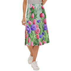 Exquisite Watercolor Flowers Midi Panel Skirt by GardenOfOphir