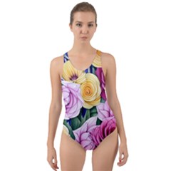 Cherished Watercolor Flowers Cut-out Back One Piece Swimsuit by GardenOfOphir