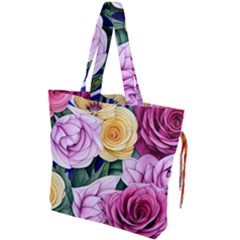 Cherished Watercolor Flowers Drawstring Tote Bag by GardenOfOphir