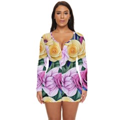 Cherished Watercolor Flowers Long Sleeve Boyleg Swimsuit