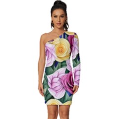 Cherished Watercolor Flowers Long Sleeve One Shoulder Mini Dress