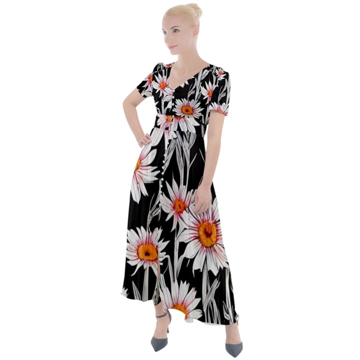Dazzling watercolor flowers Button Up Short Sleeve Maxi Dress