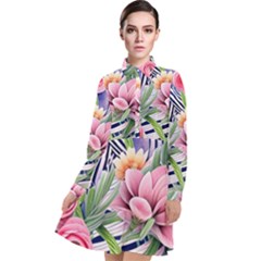 Luxurious Watercolor Flowers Long Sleeve Chiffon Shirt Dress by GardenOfOphir