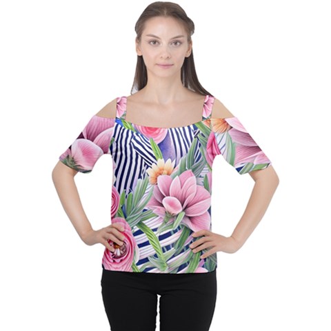 Luxurious Watercolor Flowers Cutout Shoulder Tee by GardenOfOphir