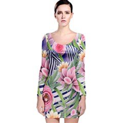 Luxurious Watercolor Flowers Long Sleeve Velvet Bodycon Dress by GardenOfOphir