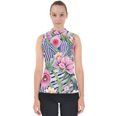 Luxurious Watercolor Flowers Mock Neck Shell Top by GardenOfOphir