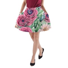 Majestic Watercolor Flowers A-line Pocket Skirt