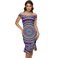 Kaleidoscope Geometric Circles Off Shoulder Ruffle Split Hem Bodycon Dress