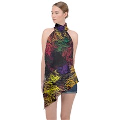 Abstract Painting Colorful Halter Asymmetric Satin Top