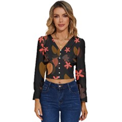 Flowers Leaves Background Floral Plants Foliage Long Sleeve V-Neck Top